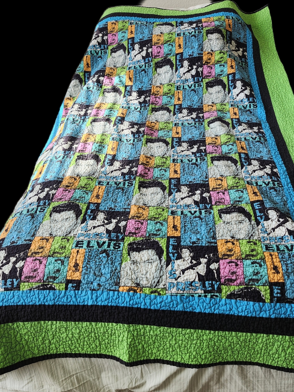 Handmade Elvis Twin Quilt/ Solid Black Back/ Bright Colors/ Unisex/ Reversible